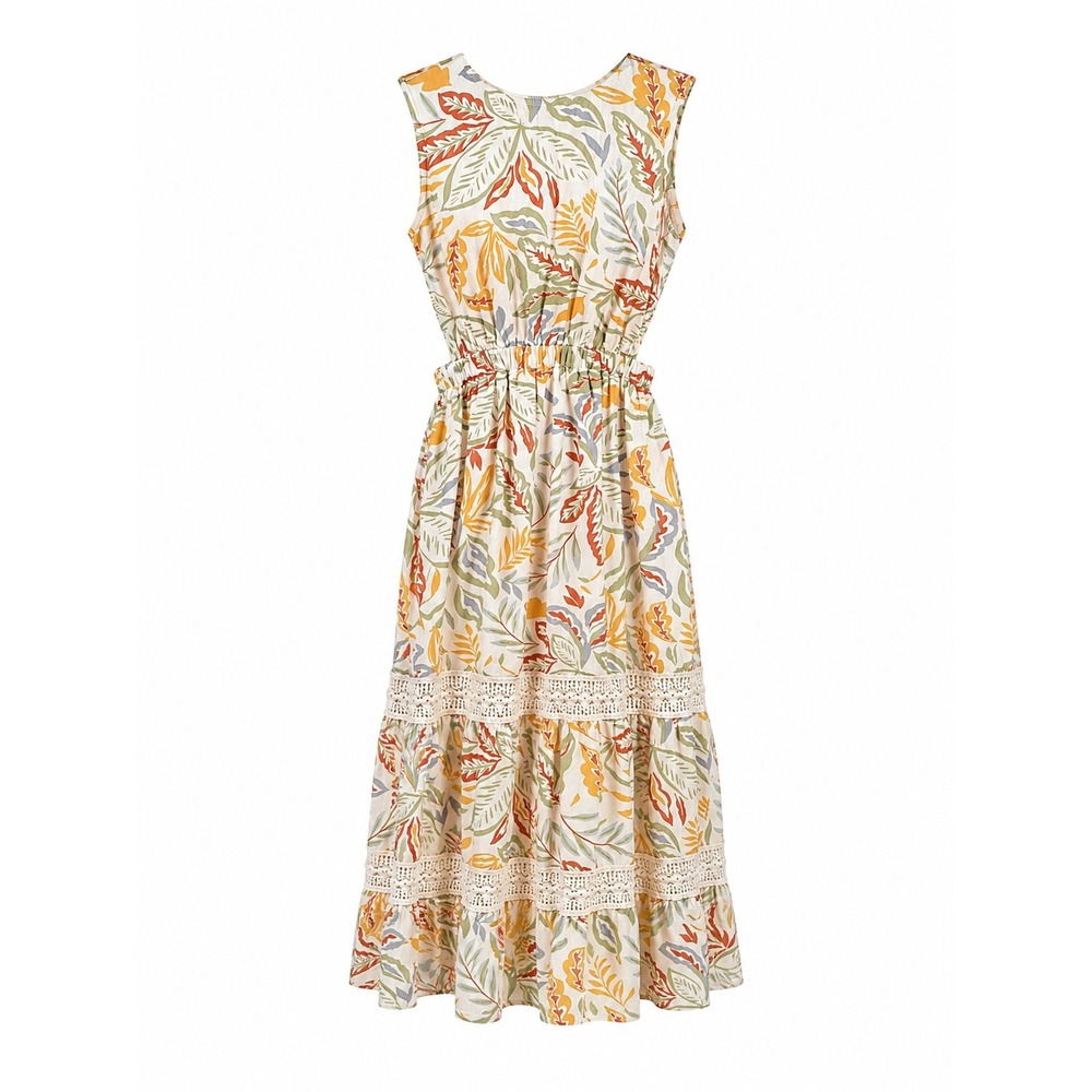 Jessica Simpson Women's Cream Leaf Print Maxi Dress Lace Tiered Skirt S Garden